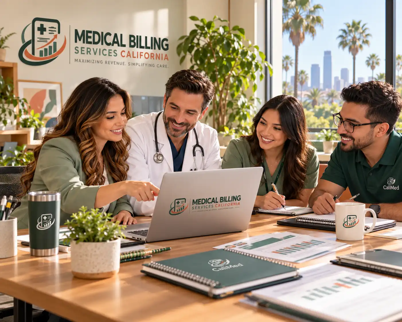 CaliMed Billing team reviewing revenue data with a physician in a California office