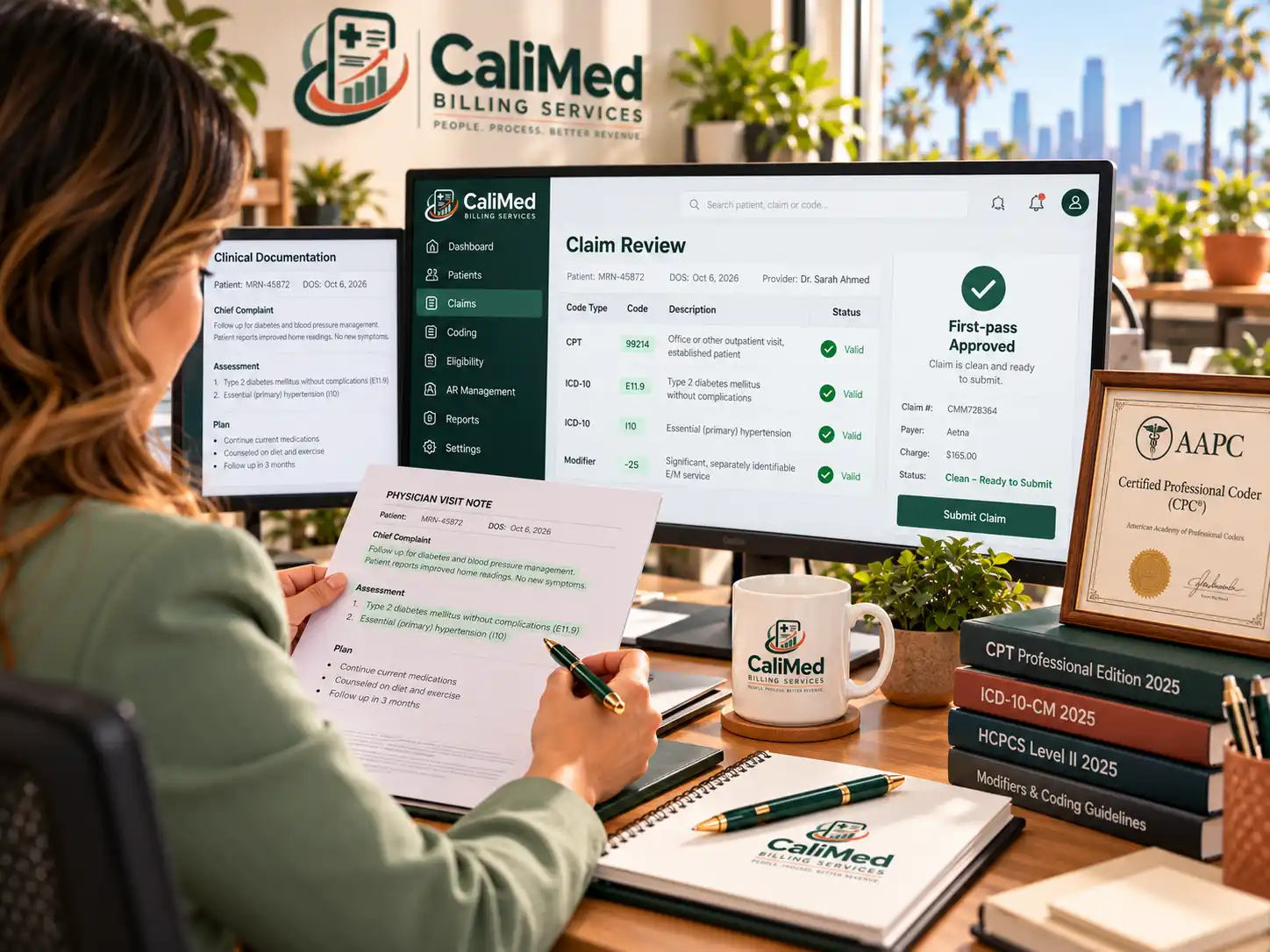 CaliMed coder cross-checking clinical documentation against a first-pass approved claim
