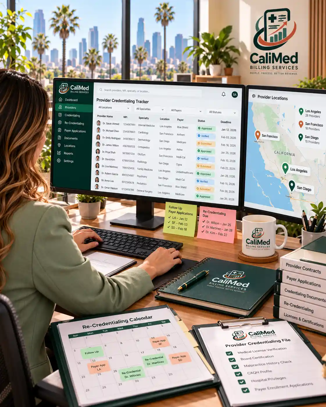 Provider credentialing tracker and California locations map on dual monitors