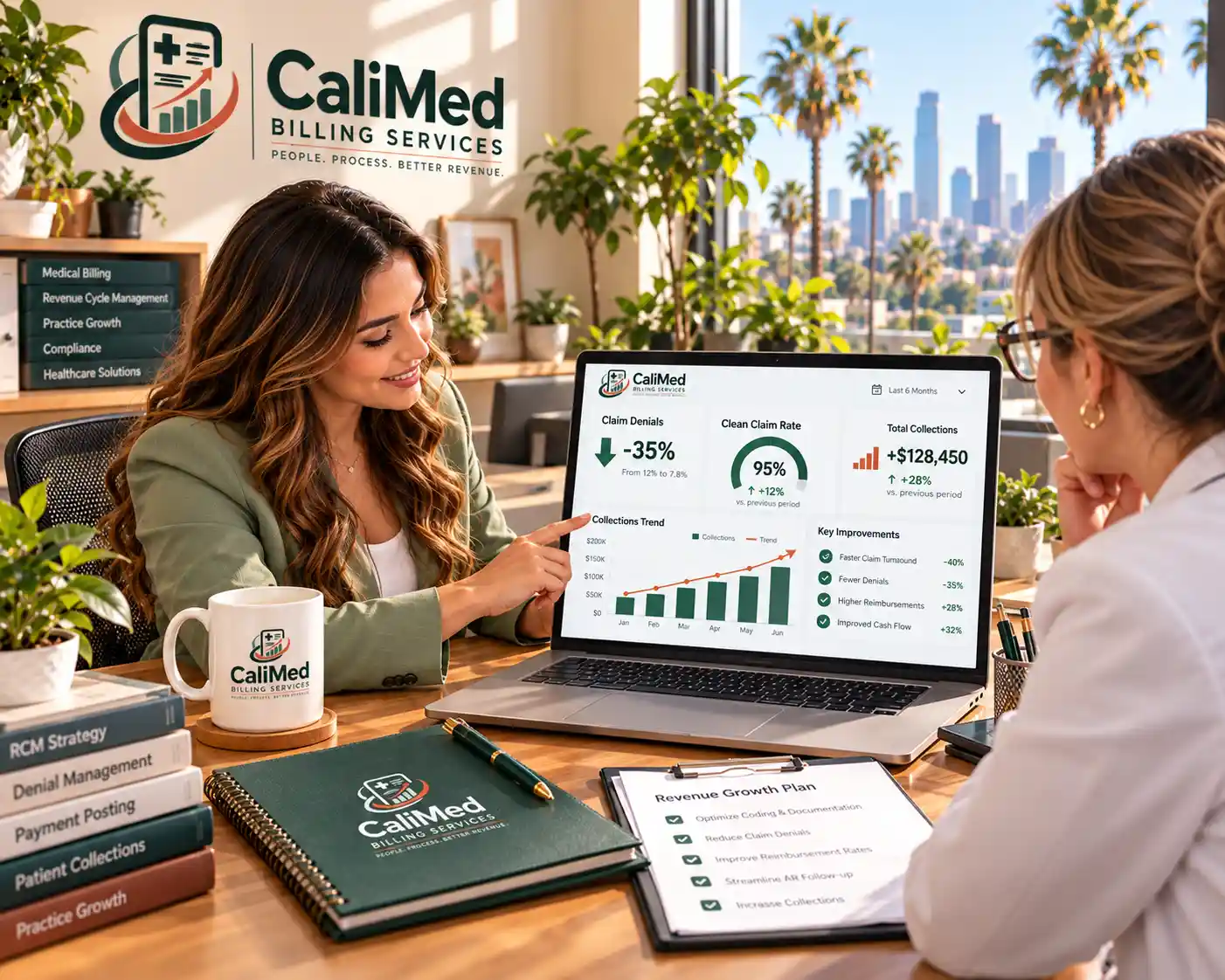 CaliMed billing specialist reviewing a revenue dashboard showing reduced claim denials with a clinic manager
