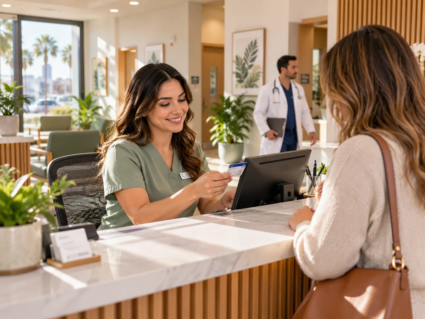 Front desk of a California healthcare practice checking a patient's insurance card