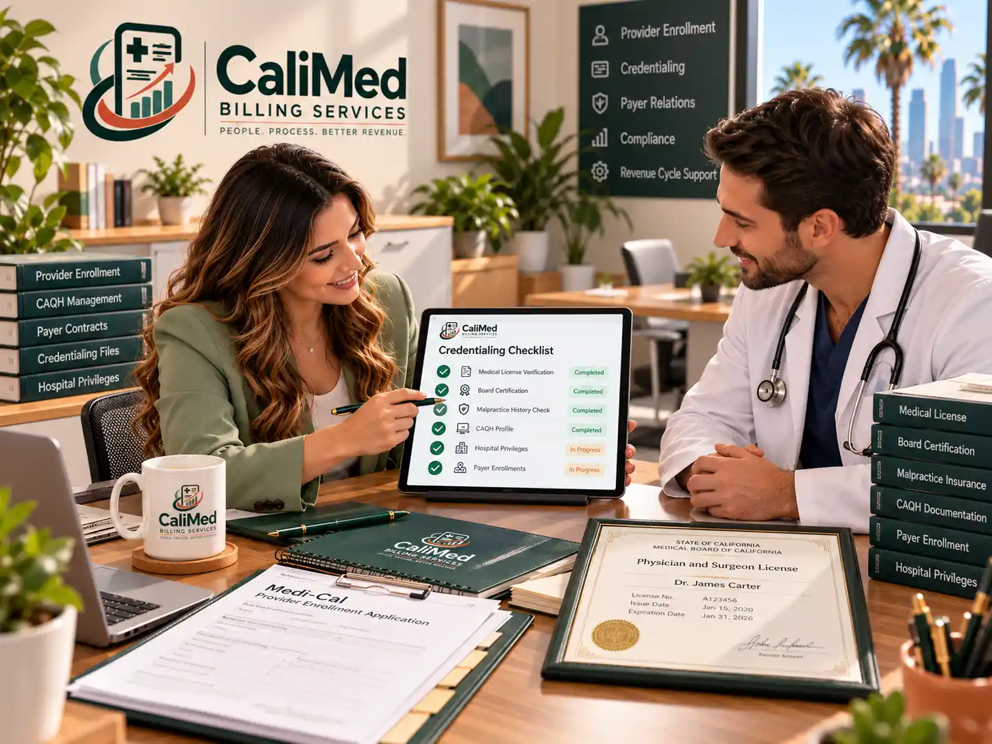 CaliMed credentialing coordinator reviewing a credentialing checklist with a physician