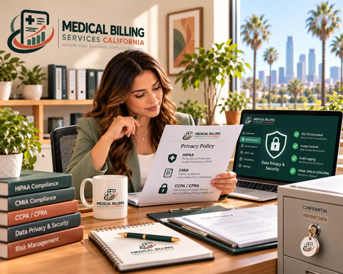 CaliMed privacy specialist reviewing a HIPAA, CMIA and CCPA/CPRA privacy policy beside a data protection dashboard