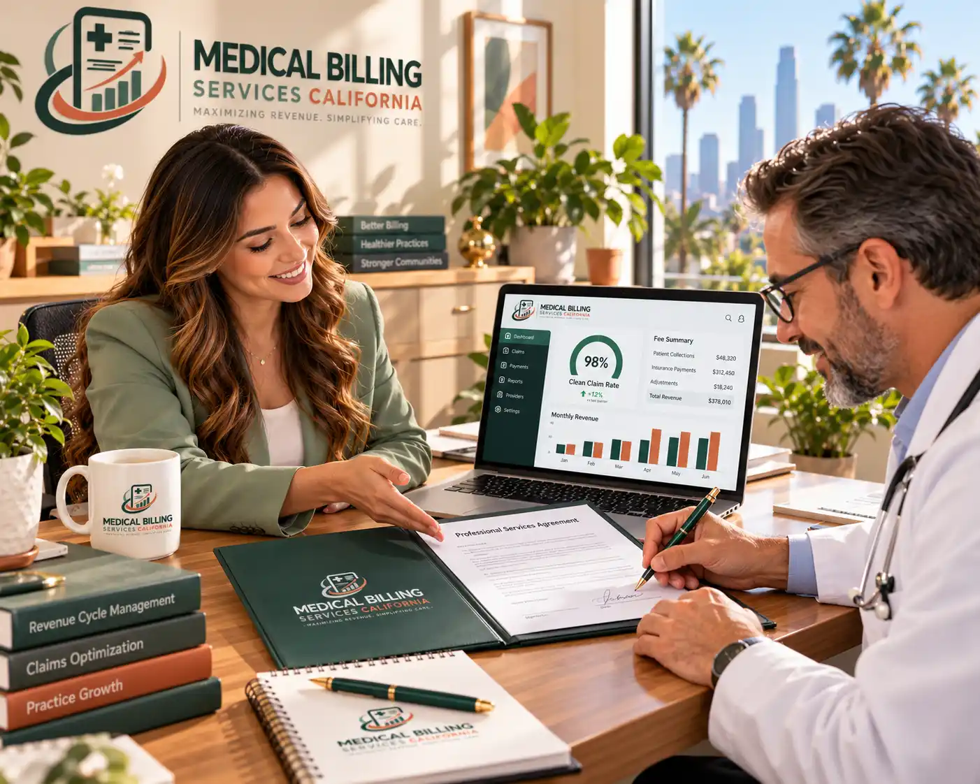 Physician signing a CaliMed Billing Professional Services Agreement with an account manager