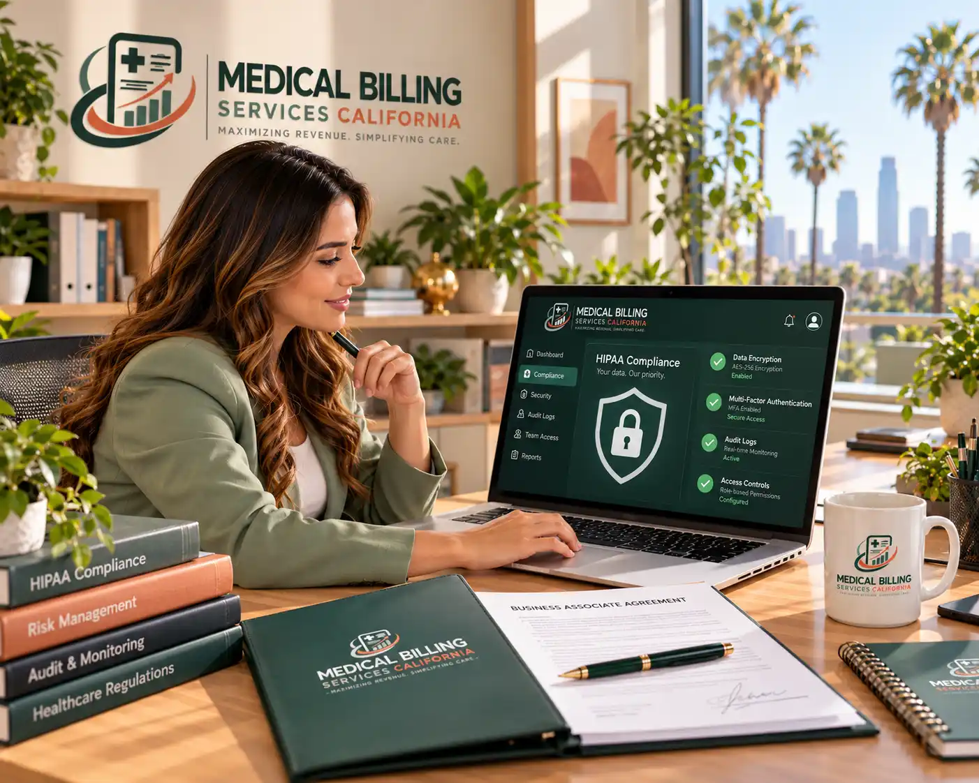 CaliMed compliance specialist reviewing a HIPAA security dashboard with a Business Associate Agreement on the desk