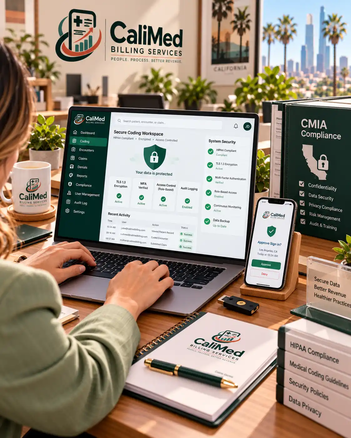 Secure HIPAA-compliant coding workspace with TLS 1.3 encryption and MFA sign-in approval