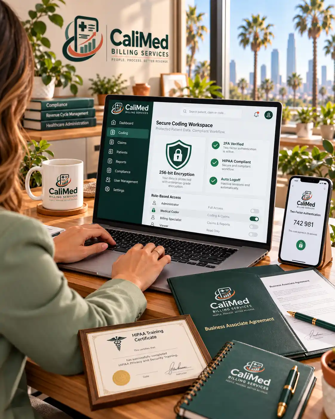 Secure HIPAA-compliant coding workspace with 256-bit encryption and two-factor authentication