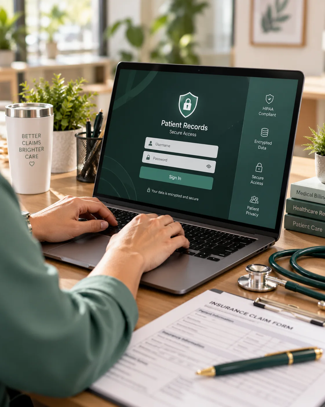 Secure, HIPAA-compliant patient records login on a laptop