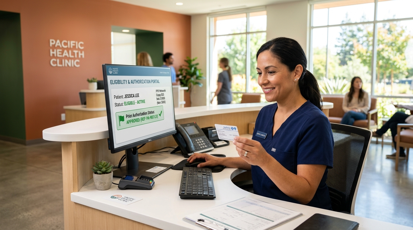 CaliMed front-desk specialist checking patient insurance card and eligibility status