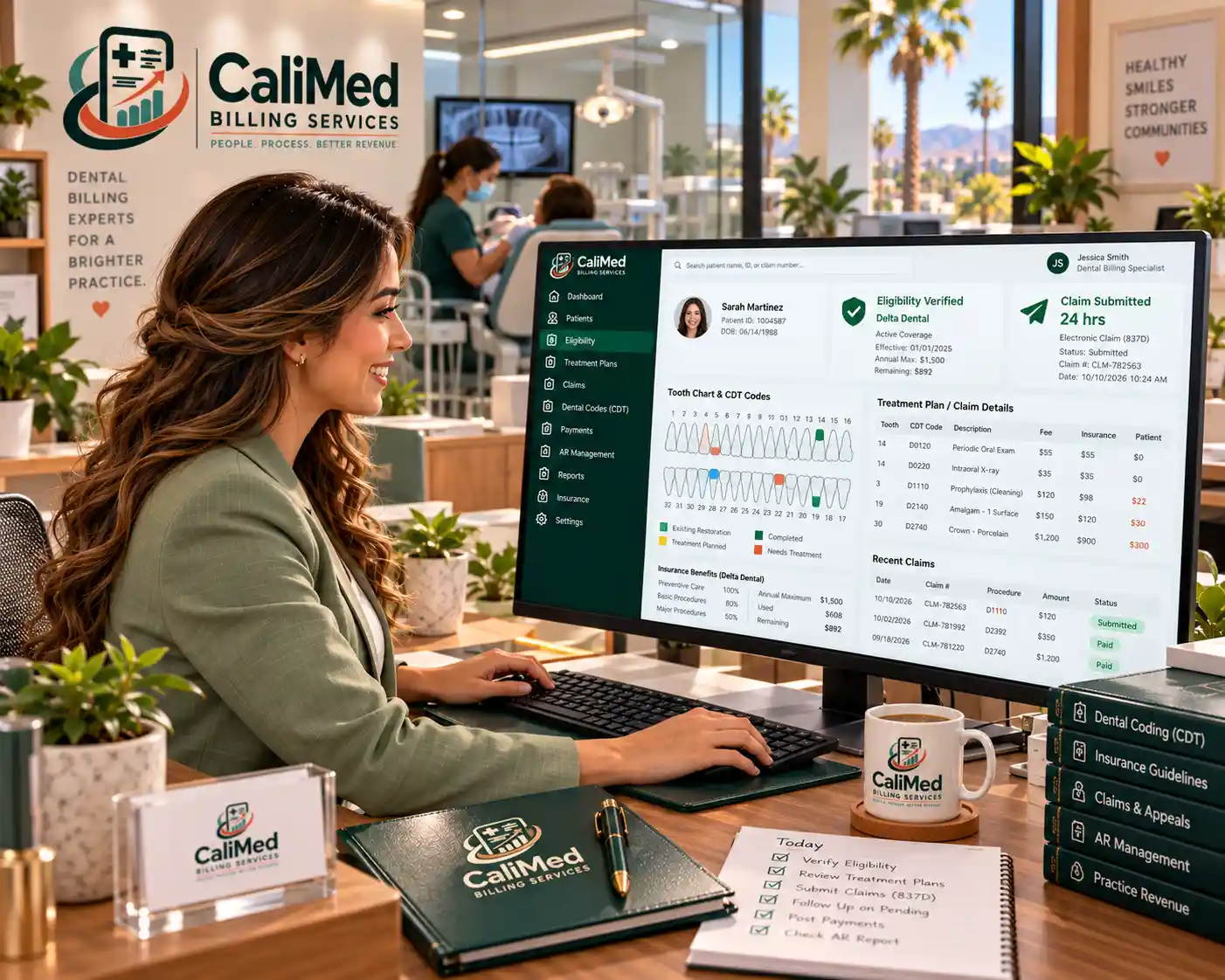 CaliMed dental billing specialist reviewing eligibility, tooth chart CDT codes and a claim submitted in 24 hours at a California dental office