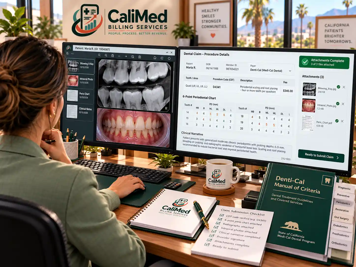 CaliMed coder preparing a Denti-Cal claim for D4341 with X-ray, intraoral photo, 6-point periodontal chart and clinical narrative attached