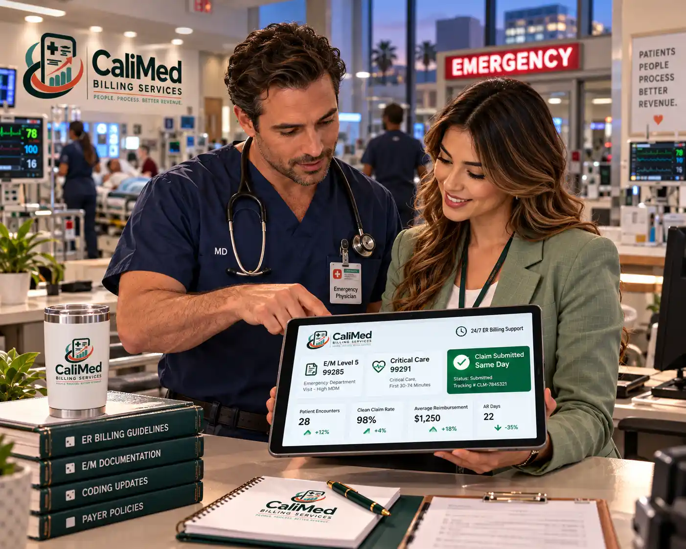 Emergency physician and CaliMed billing specialist reviewing an ER billing dashboard with E/M level 5 and critical care codes submitted same day