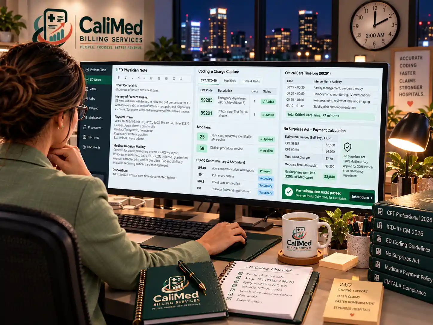 CaliMed certified coder coding an ED visit at night with CPT 99285, critical care time log, modifiers and No Surprises Act payment calculation