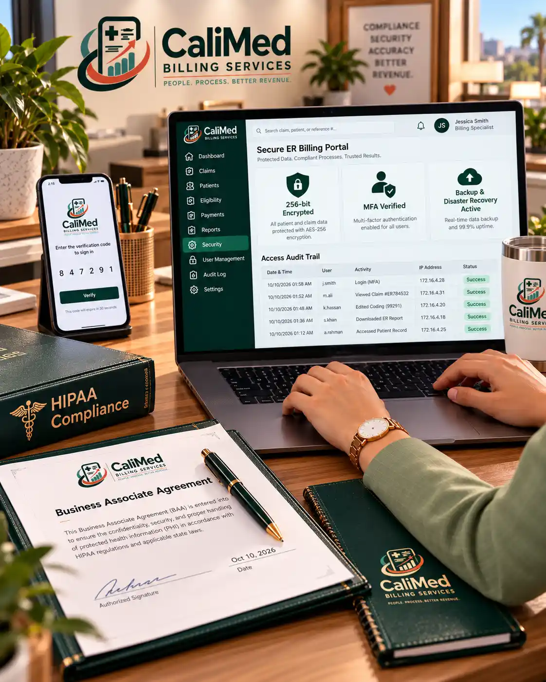 Secure HIPAA compliant ER billing portal with 256-bit encryption, MFA, disaster recovery and access audit trail