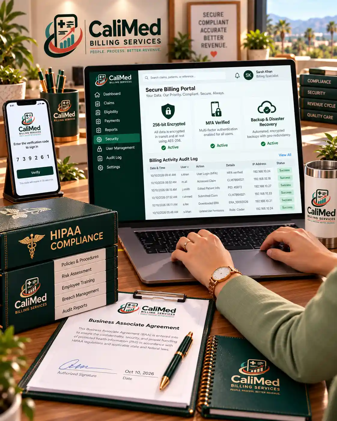 Secure HIPAA compliant billing portal with 256-bit encryption, MFA, backup and disaster recovery and billing activity audit log