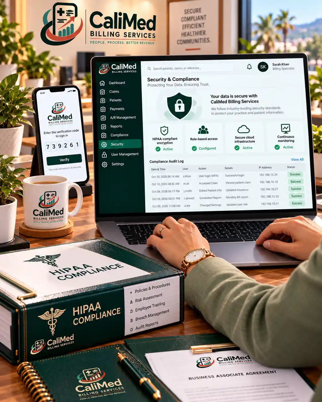 HIPAA-compliant medical billing software security screen with compliance binder and BAA