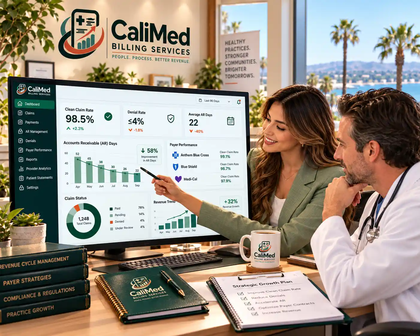 CaliMed billing specialist and physician reviewing a revenue dashboard with 98.5% clean claim rate and falling AR days in an Orange County office