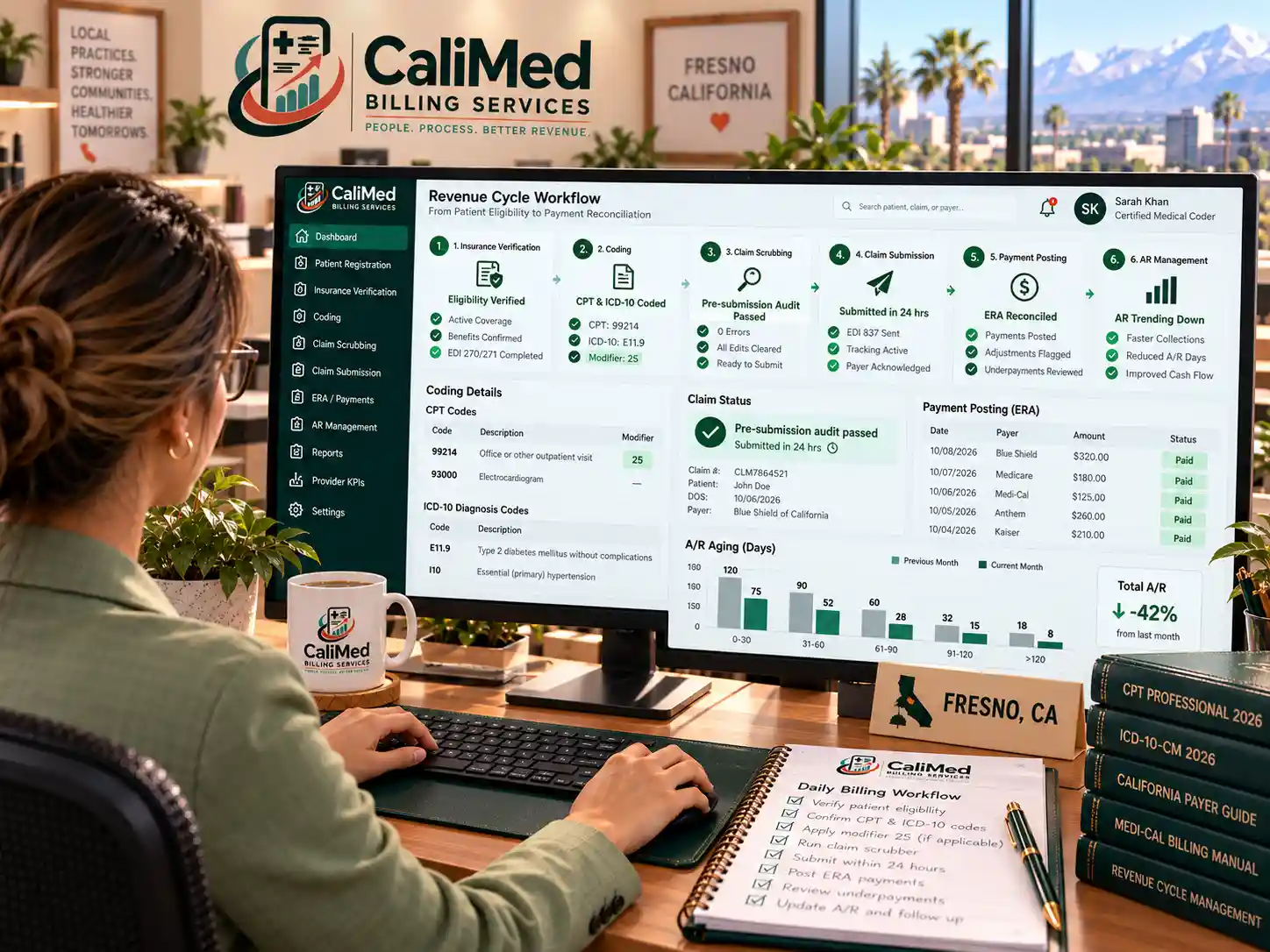 CaliMed certified coder working through a six-step revenue cycle workflow from insurance verification to AR management for a Fresno practice