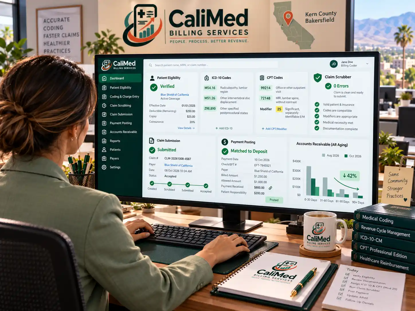 CaliMed coder working through eligibility, coding, claim scrubbing, payment posting and AR aging for a Bakersfield practice