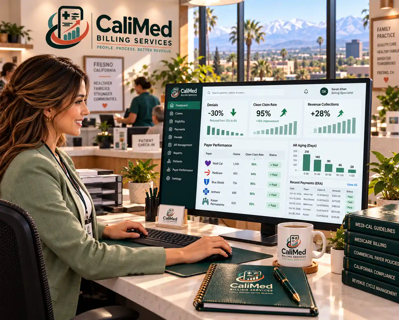 CaliMed billing specialist reviewing a dashboard with denials down 30% and payer performance for Medi-Cal, Medicare, Blue Shield, Anthem and Kaiser in a Fresno office