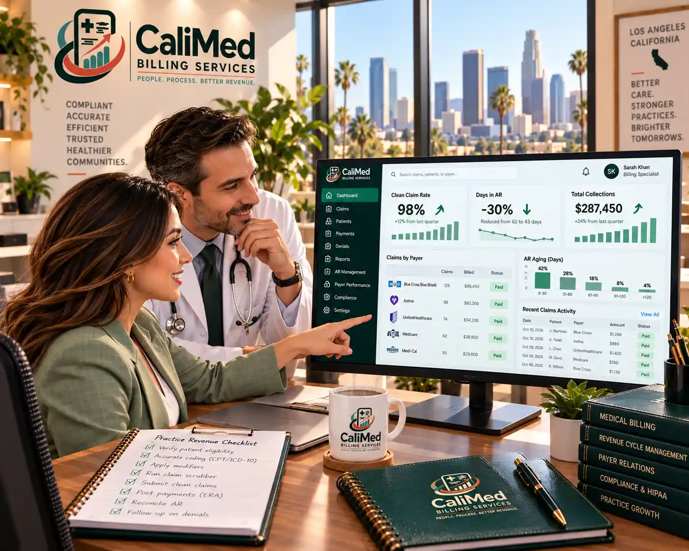 CaliMed billing specialist and physician reviewing a billing dashboard with 98% clean claim rate in a Los Angeles office