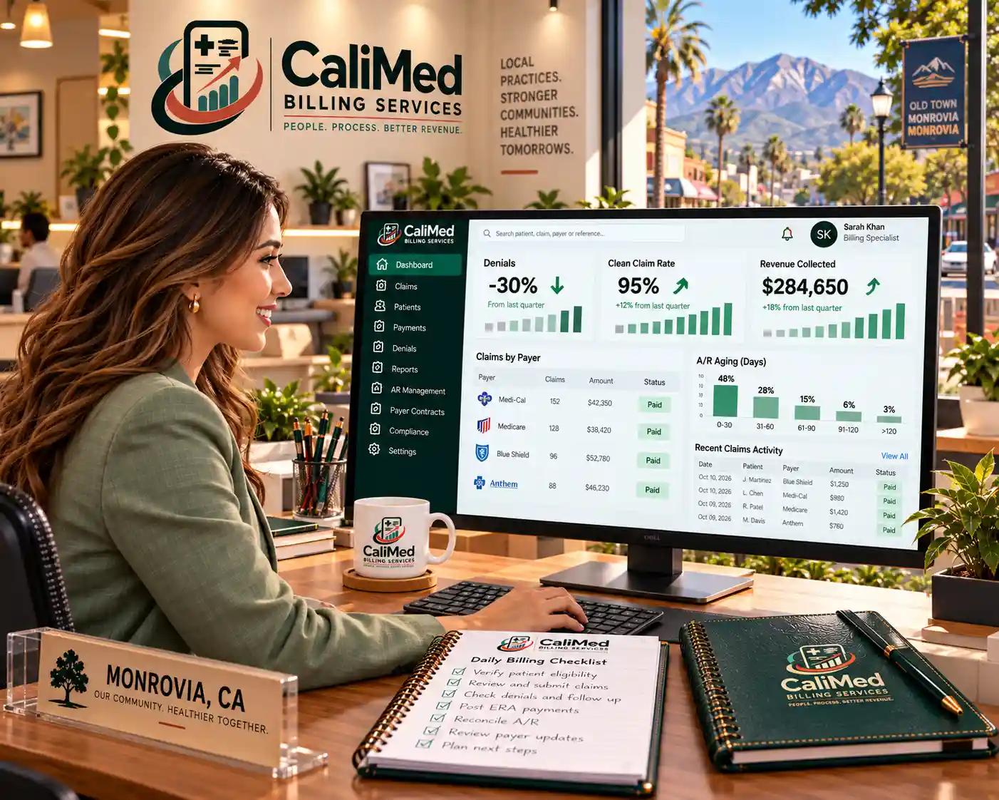 CaliMed Billing specialist reviewing a medical billing dashboard at a Monrovia, CA practice