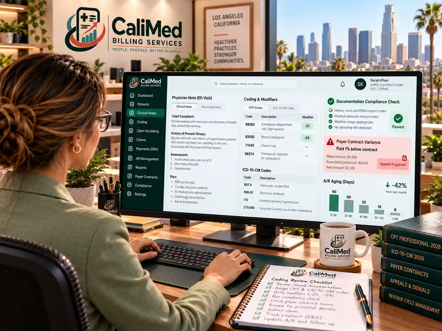 AAPC-certified CaliMed coder reviewing a clinical note with CPT modifiers, documentation compliance check and payer contract variance appeal