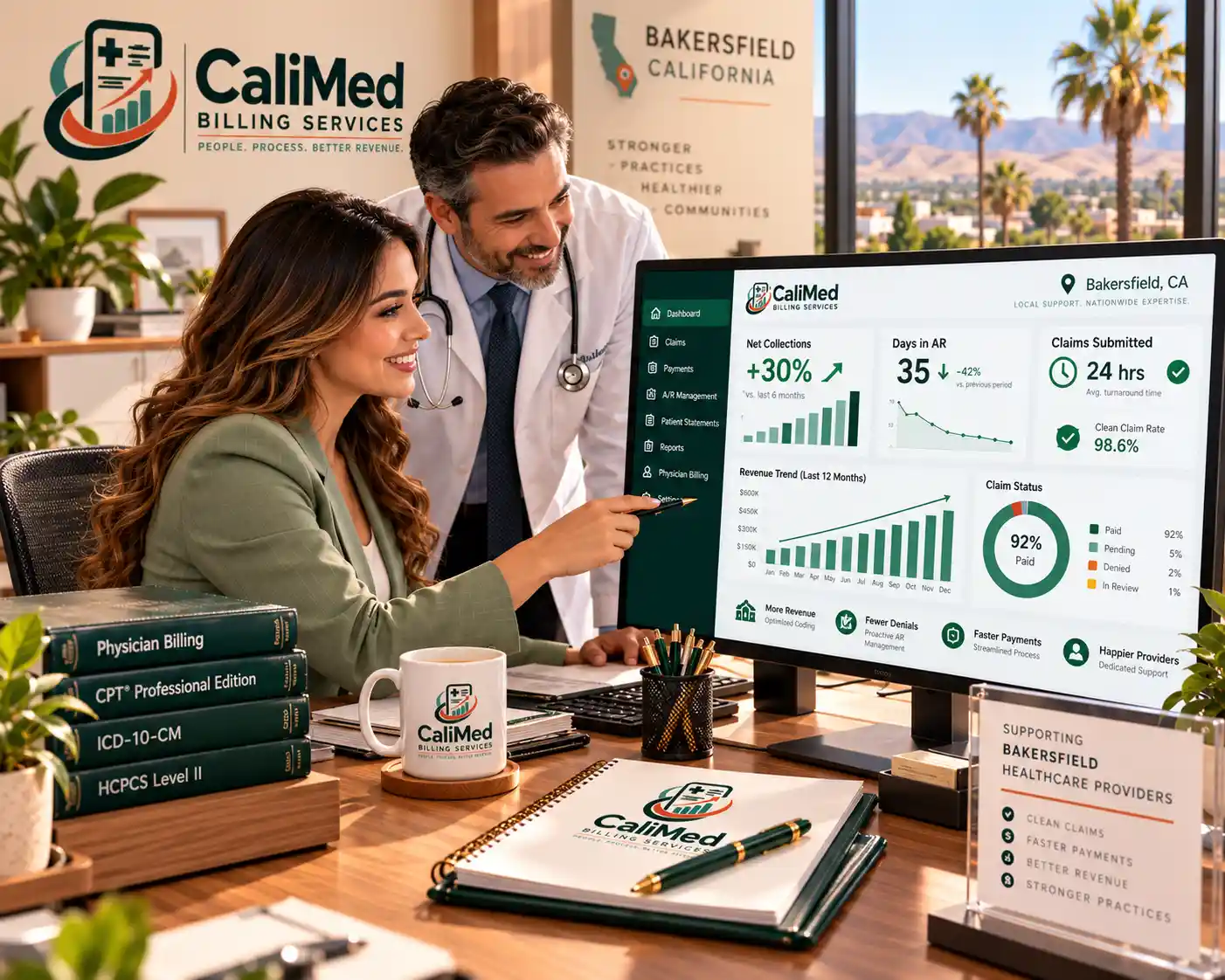 CaliMed billing specialist and physician reviewing a practice revenue dashboard in Bakersfield, CA