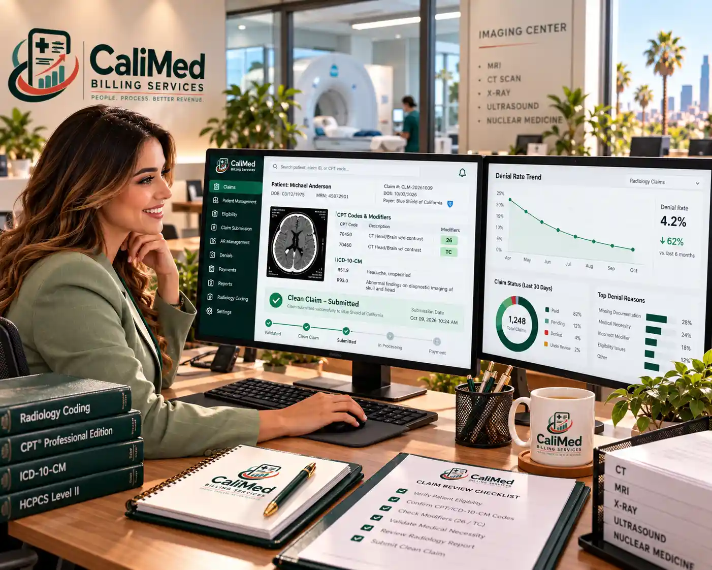 Radiology billing specialist reviewing a clean radiology claim at a California imaging center