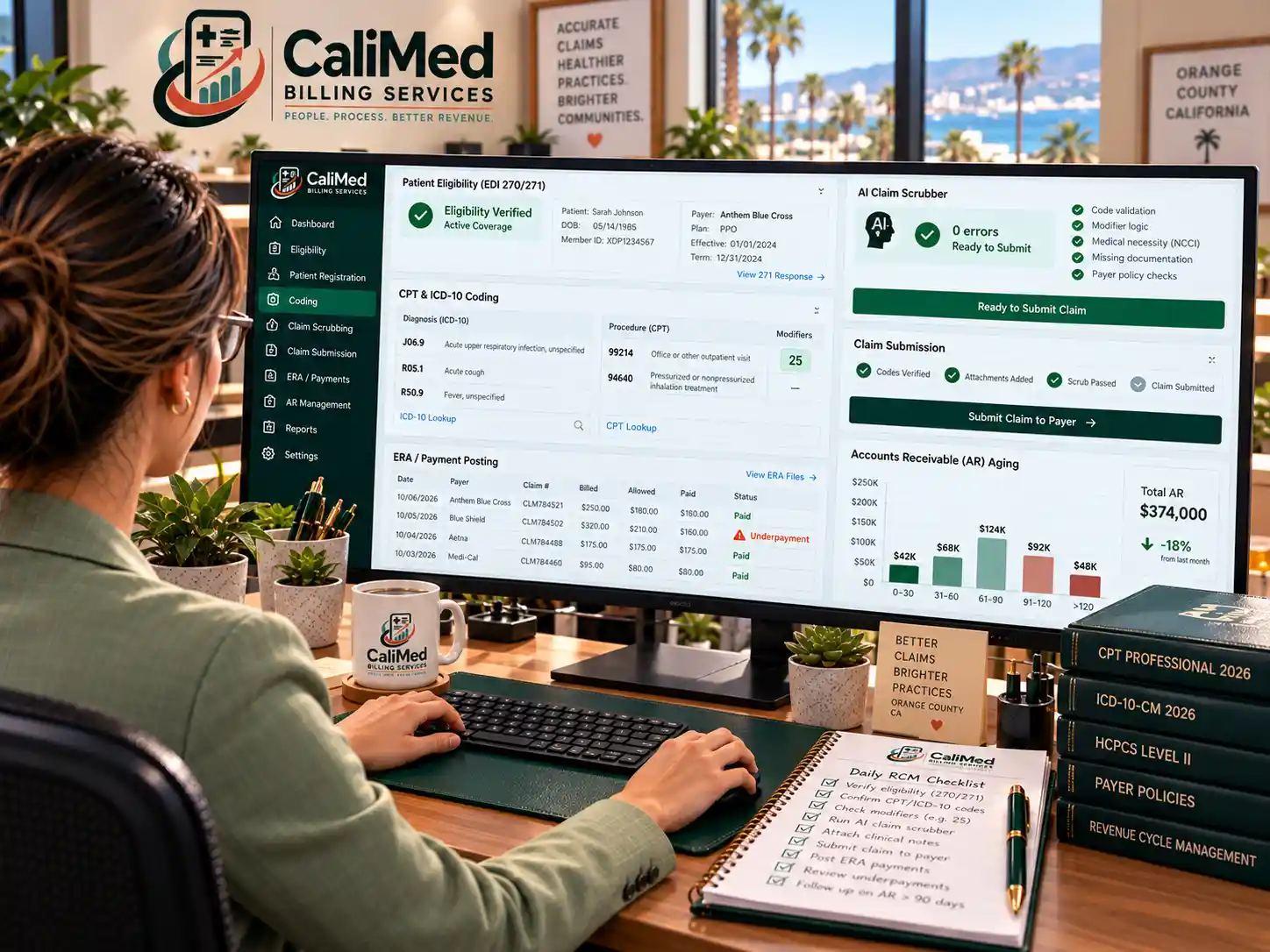 CaliMed coder running eligibility verification, CPT and ICD-10 coding, AI claim scrubbing, ERA posting and AR aging for an Orange County practice