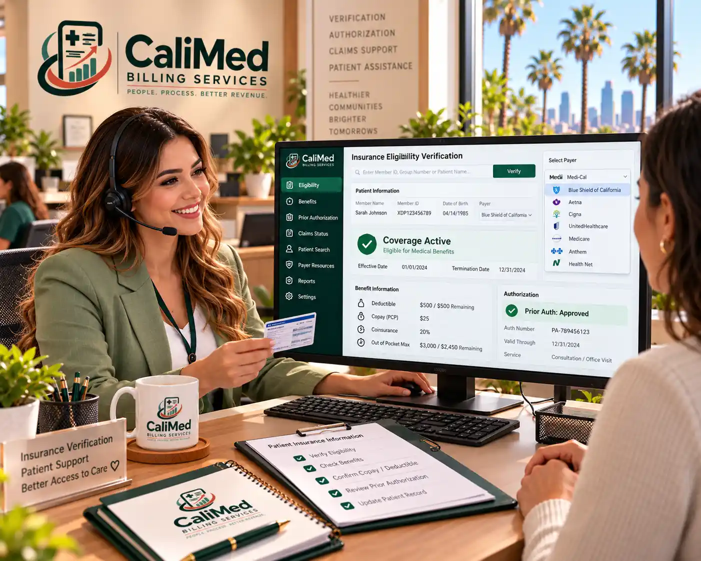 CaliMed verification specialist checking a patient insurance card against a real-time eligibility screen showing Coverage Active and Prior Auth Approved