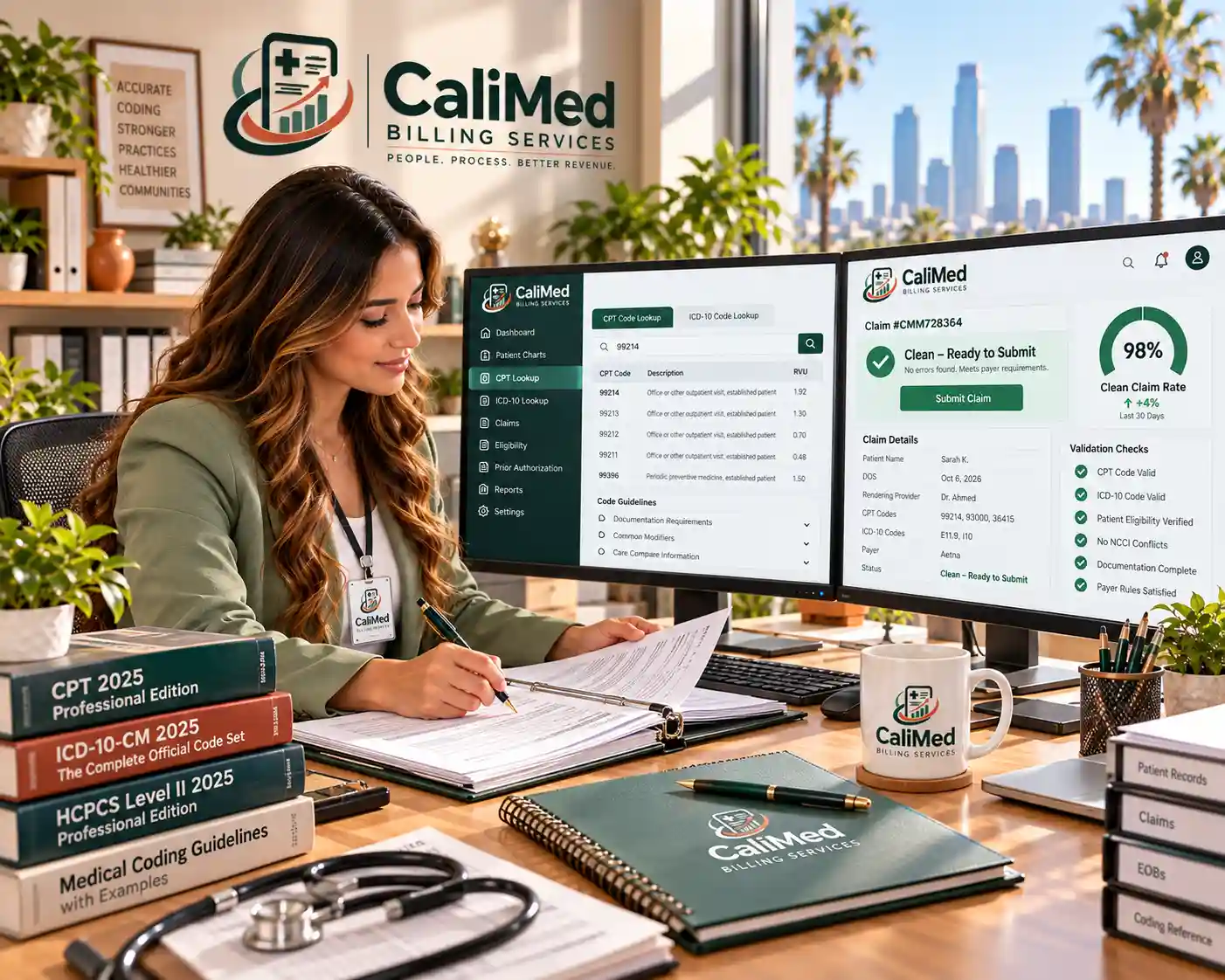 Certified CaliMed medical coder reviewing CPT and ICD-10 codes with a 98% clean claim rate dashboard