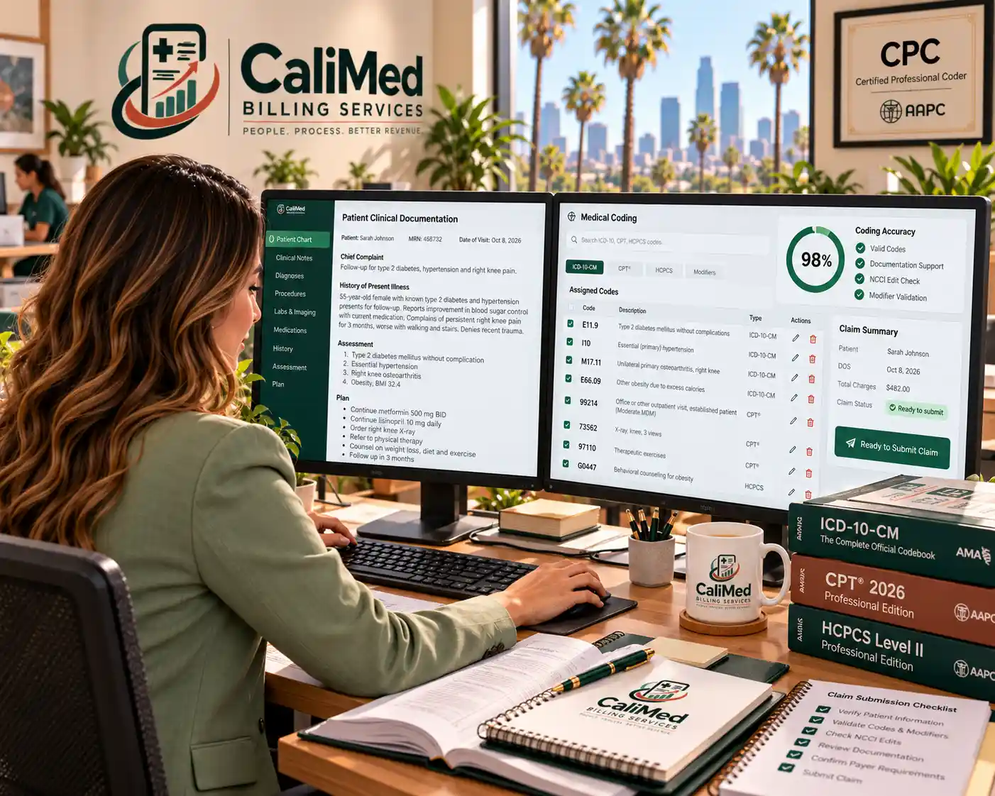 Certified CaliMed medical coder assigning ICD-10-CM, CPT and HCPCS codes with 98% coding accuracy