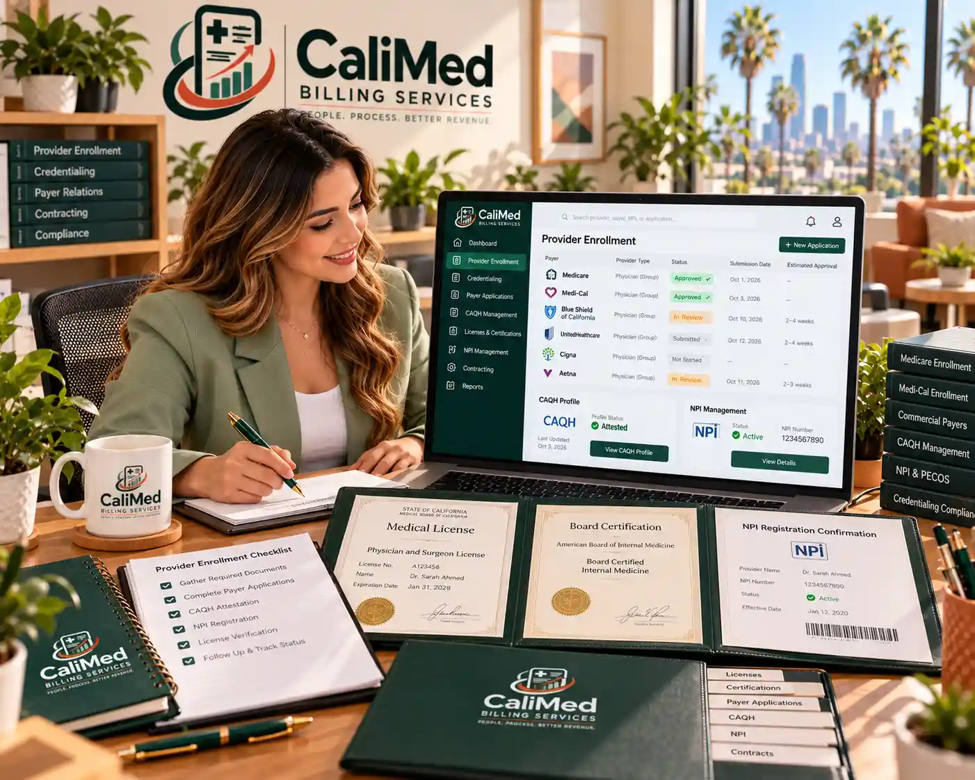 CaliMed credentialing specialist reviewing a provider enrollment dashboard with licenses and certifications