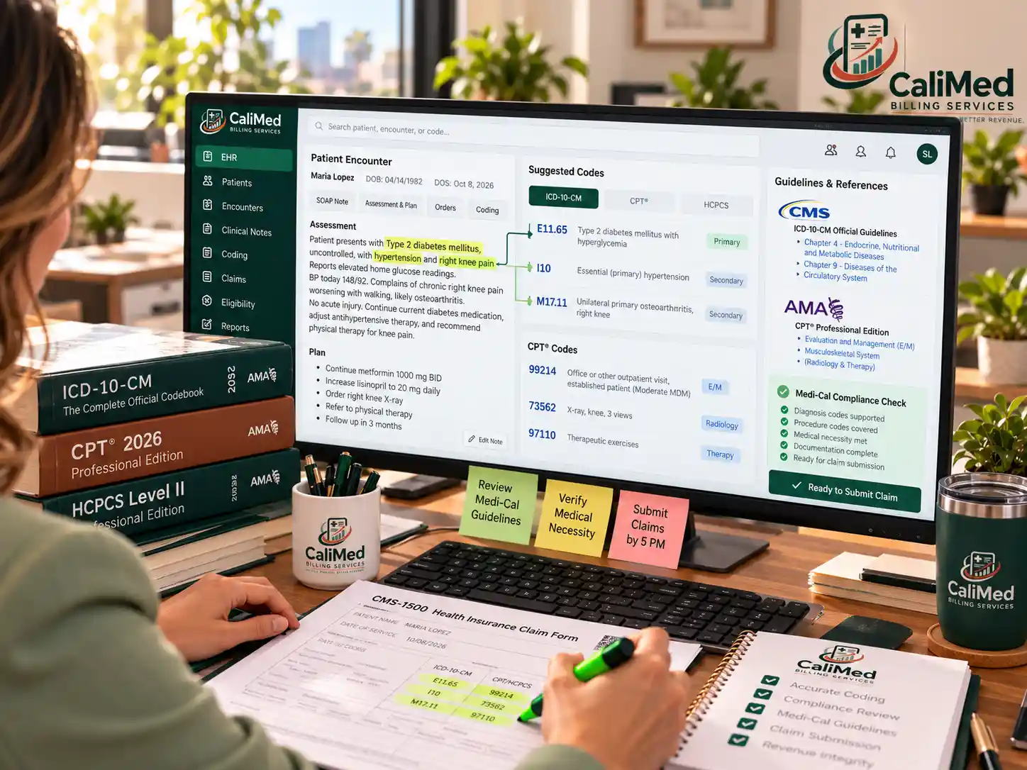 EHR patient encounter converted into ICD-10-CM and CPT codes with CMS, AMA and Medi-Cal compliance checks
