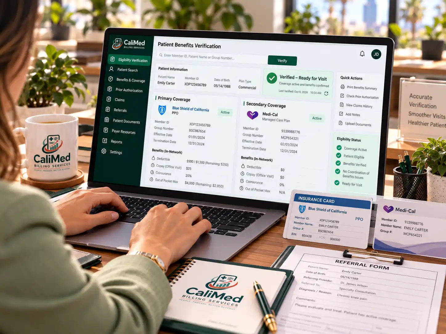 CaliMed patient benefits verification screen with primary Blue Shield and secondary Medi-Cal coverage marked Verified – Ready for Visit