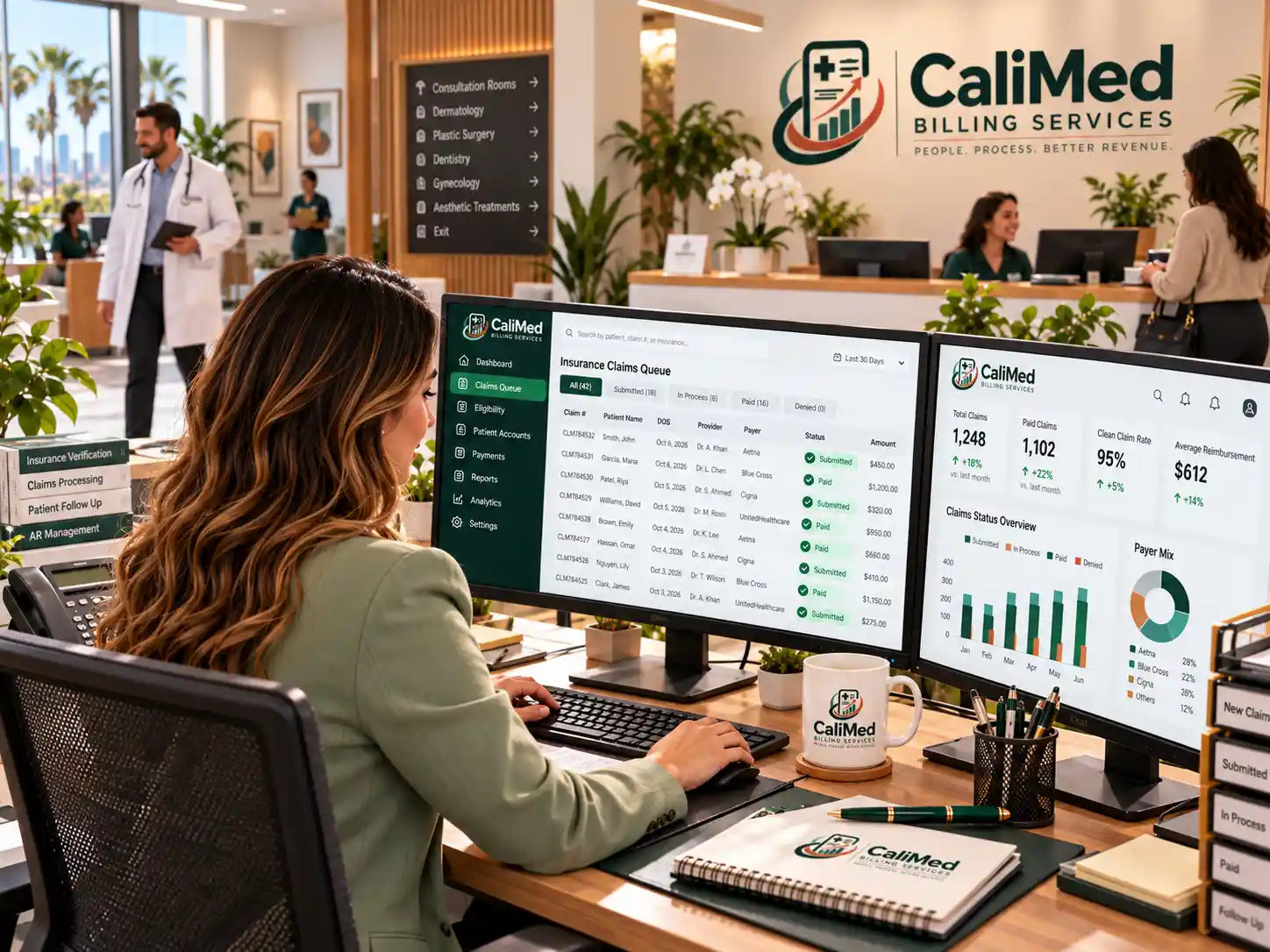Billing coordinator managing an insurance claims queue in a California multi-specialty clinic